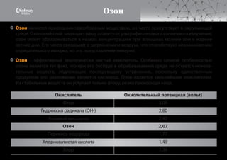 Окислитель
Фтор
Гидроксил радикала (ОН-)
Атомный кислород
Озон
Перекись водорода
Хлорноватистая кислота
Хлор
Окислительный потенциал (вольт)
3,06
2,80
2,42
2,07
1,77
1,49
1,36
Озон
Озон является природным газообразным веществом, он часто присутствует в окружающей
среде. Озоновый слой защищает нашу планету от ультрафиолетового солнечного излучения;
озон может образовываться в низких концентрациях при вспышках молнии или в жаркие
летние дни. Его часто связывают с загрязнением воздуха, что способствует возникновению
отрицательного имиджа, но это представление неверно.
Озон – эффективный экологически чистый окислитель. Особенно ценной особенностью
озона является тот факт, что при его распаде в обрабатываемой среде не остается нежела-
тельных веществ, подлежащих последующему устранению, поскольку единственным
продуктом его разложения является кислород. Озон является сильнейшим окислителем.
Из стабильных веществ он уступает только фтору, резко превосходя хлор.
 