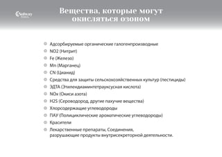 Вещества, которые могут
окисляться озоном
Адсорбируемые органические галогенпроизводные
NO2 (Нитрит)
Fe (Железо)
Mn (Марганец)
CN (Цианид)
Средства для защиты сельскохозяйственных культур (пестициды)
ЭДТА (Этилендиаминтетрауксусная кислота)
NOx (Окиси азота)
H2S (Сероводород, другие пахучие вещества)
Хлорсодержащие углеводороды
ПАУ (Полициклические ароматические углеводороды)
Красители
Лекарственные препараты, Соединения,
разрушающие продукты внутрисекреторной деятельности.
 