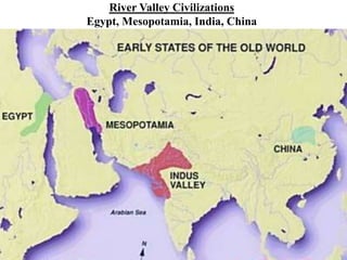River Valley Civilizations
Egypt, Mesopotamia, India, China
 