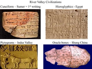 River Valley Civilizations
Cuneiform – Sumer = 1st writing Hieroglyphics - Egypt
Pictograms – Indus Valley Oracle bones – Shang China
 