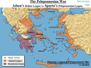 The Peloponnesian War
Athen’s Delian League vs. Sparta’s Peloponnesian League
Table of Contents
Notes
Delian League
Peloponnesian League
 