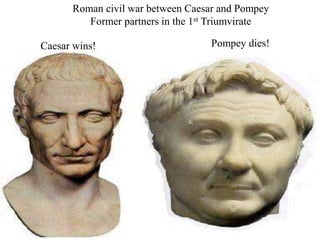 Roman civil war between Caesar and Pompey
Former partners in the 1st Triumvirate
Caesar wins! Pompey dies!
 