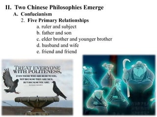 II. Two Chinese Philosophies Emerge
A. Confucianism
2. Five Primary Relationships
a. ruler and subject
b. father and son
c. elder brother and younger brother
d. husband and wife
e. friend and friend
Respect link
 