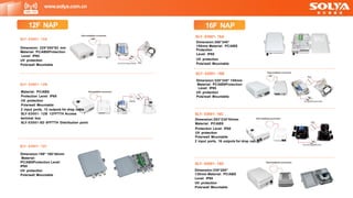 SLY- 03001- 16B
Dimension:320*240* 100mm
Material: PC/ABSProtection
Level: IP65
UV protection
Pole/wall Mountable
entryforoopedcable
SLY- 03001- 16C
Dimension:293*230*84mm
Material: PC/ABS
Protection Level: IP65
UV protection
Pole/wall Mountable
2 input ports, 16 outputs for drop cable
entryforloopedcable
www.solya.com.cn
SLY- 03001- 12B
Material: PC/ABS
Protection Level: IP65
UV protection
Pole/wall Mountable
2 input ports, 12 outputs for drop cable
SLY-03001- 12B 12FFTTH Access
terminal box
SLY-03001-8D 8FFTTH Distribution point
entryforloopedcable
SLY- 03001- 16A
Dimension:300*240*
100mm Material: PC/ABS
Protection
Level: IP65
UV protection
Pole/wall Mountable
SLY- 03001- 12A
Dimension: 225*200*62 mm
Material: PC/ABSProtection
Level: IP65
UV protection
Pole/wall Mountable
SLY- 03001- 12C
Dimension:199* 160*46mm
Material:
PC/ABSProtection Level:
IP65
UV protection
Pole/wall Mountable
SLY- 03001- 16D
Dimension:330*260*
130mm Material: PC/ABS
Level: IP65
UV protection
Pole/wall Mountable
16F NAP
12F NAP
 