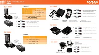 SLY- 06006
<A>
<>
<C>
www.solya.com.cn
Item No.
SLY- 06003A
For 4mm Drop cable
SLY- 06003B
SLY- 06 00 3C For 7mm Drop cable
Size 380(L)*245(W)* 145(H)mm
With 6pcs 24F/tray
Protection Level IP68
SLY - 06007
<>
Drop cable access tools
Description
Size 380(L)*245(W)*130(H)mm
With 12pcs 24F/Tray
Protection Level IP68
Description
For Flat Drop cable
SLY - 06003
SLY- 06004
SLY - 06005
24Fibers
288Fibers
Drop cable access tools
<B>
＜ A>
<>
<B>
<A> mm
PP
 