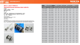 棘轮式 / 万能式不锈钢扎带
Ratchet/Universal stainless steel cable tie
技术信息
产品材料 : 不锈钢 201 ， 304,316
温度范围 :-80C~538°C
颜色 : 金色
产品特性
由紧具 ，速轮 ，带身等零件组合而成 ; 具有非常高的强度和拉力 ; 使用方
便 ，只需用手来回扳动速轮达到拉紧目的 ; 无需专用工具 ; 适用于供电 ，
市政 ，安防 ，广告牌等行业。
Technical Information
Product material: stainless steel 201, 304316
Temperature range:- 80 C~5 3 8C
Color: metallic
Product Features
A combination of tight fittings, speedwheels, belt body and other parts;lt hasvery high strength and tensile force;it is
easy to use, only need to pull the speedwheel back and forth by hand to achieve thepurpose of tightening;no special
tools are required;Suitable for power supply, municipaladministration, security, billboards and otherindustries.
www.solya.com.cn
 