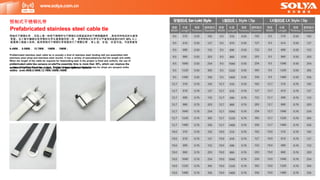 预制式不锈钢扎带
Prefabricated stainless steel cable tie
预制式不锈钢扎带 ，实际上是一种把不锈钢带与不锈钢扎扣预装起来的不锈钢捆绑带 ，具有多种特定的长度和
宽度。当工程中捆绑任务所需的扎带长度是固定统一的 ，使用预制式扎带可以节省现场组装时间约 30% 以上 ，
能提高工程施工效率。船用预制式不锈钢扎带表面进行了喷塑处理 ，有 L 型、 D 型、 O 型可选。可选宽度有
，
6.4MM 、 9.5MM 、 12.7MM 、 16MM 、 19MM 。
Prefabricated stainless steel cable tie is actually a kind of stainless steel binding belt pre-assembled with
stainless steel strap and stainless steel buckle. lt has a variety of speciafeatures.Set the length and width.
When the length of the cable tie required for thebundling task in the project is fixed and uniform, the use of
prefabricated cable ties cansave on-siteThe assembly time is more than 30%, which can improve the
constructionefficiency of the project. Prefabricated stainless steel cable ties for ships are sprayed onthe
www.solya.com.cn
surface of the ties, There are L type, D type, O type optional. Optional
widths are6.4MM,9.5MM,12.7MM,16MM,19MM.
 