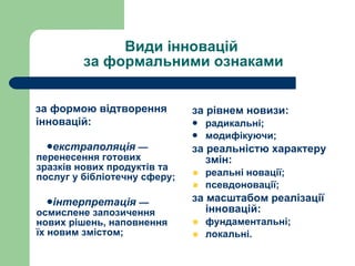 Види інновацій  за формальними ознаками екстраполяція  — перенесення готових зразків нових продуктів та послуг у бібліотечну сферу; інтерпретація  — осмислене запозичення нових рішень, наповнення їх новим змістом; за рівнем новизи:  радикальні; модифікуючи; за реальністю характеру змін: реальні новації; псевдоновації; за масштабом реалізації інновацій: фундаментальні; локальні. за формою відтворення інновацій: 