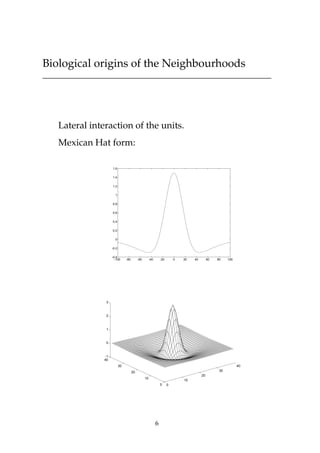 Biological origins of the Neighbourhoods
Lateral interaction of the units.
Mexican Hat form:
-100 -80 -60 -40 -20 0 20 40 60 80 100
-0.4
-0.2
0
0.2
0.4
0.6
0.8
1
1.2
1.4
1.6
0
10
20
30
40
0
10
20
30
40
-1
0
1
2
3
6
 