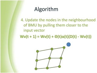 Algorithm 4. Update the nodes in the neighbourhood of BMU by pulling them closer to the input vectorWv(t + 1) = Wv(t) + Θ(t)α(t)(D(t) - Wv(t))