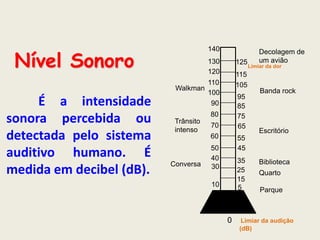 Nível Sonoro

140
130
120

Walkman

É a intensidade
sonora percebida ou
detectada pelo sistema
auditivo humano. É
medida em decibel (dB).

125
115
105

110
100
90

95
85
75
65

80
Trânsito
intenso

Conversa

70
60

Decolagem de
um avião
Limiar da dor

Banda rock

Escritório

55
45

50
40
30

35
25
15
5

10

0

Biblioteca
Quarto
Parque

Limiar da audição
(dB)

 
