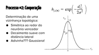 Processo #2: Cooperação
Determinação de uma
vizinhança topológica:
● Simétrica ao redor do
neurônio vencedor
● Decaimento suave com
distância lateral
● Adivinha??? Gaussiana!

 