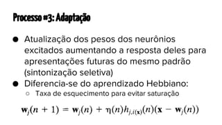 Processo #3: Adaptação
● Atualização dos pesos dos neurônios
excitados aumentando a resposta deles para
apresentações futuras do mesmo padrão
(sintonização seletiva)
● Diferencia-se do aprendizado Hebbiano:
○ Taxa de esquecimento para evitar saturação

 
