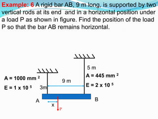9 m
x
5 m
3m
A = 445 mm 2
E = 2 x 10 5
A = 1000 mm 2
E = 1 x 10 5
A B
Example: 6 A rigid bar AB, 9 m long, is supported by two
vertical rods at its end and in a horizontal position under
a load P as shown in figure. Find the position of the load
P so that the bar AB remains horizontal.
P
 