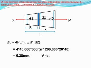 ``
PP
X
L
d1 d2dx
x
Q. Find extension of tapering circular bar under axial pull for the following data: d1 =
20mm, d2 = 40mm, L = 600mm, E = 200GPa. P = 40kN
L = 4PL/( E d1 d2)
= 4*40,000*600/(π* 200,000*20*40)
= 0.38mm. Ans.
 