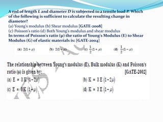 A rod of length L and diameter D is subjected to a tensile load P. Which
of the following is sufficient to calculate the resulting change in
diameter?
(a) Young's modulus (b) Shear modulus [GATE-2008]
(c) Poisson's ratio (d) Both Young's modulus and shear modulus
In terms of Poisson's ratio (μ) the ratio of Young's Modulus (E) to Shear
Modulus (G) of elastic materials is: [GATE-2004]
 