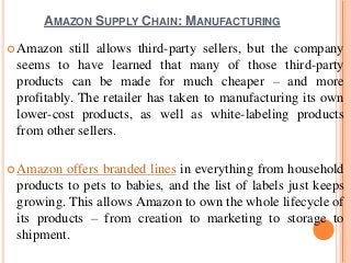 AMAZON SUPPLY CHAIN: MANUFACTURING
 Amazon still allows third-party sellers, but the company
seems to have learned that many of those third-party
products can be made for much cheaper – and more
profitably. The retailer has taken to manufacturing its own
lower-cost products, as well as white-labeling products
from other sellers.
 Amazon offers branded lines in everything from household
products to pets to babies, and the list of labels just keeps
growing. This allows Amazon to own the whole lifecycle of
its products – from creation to marketing to storage to
shipment.
 