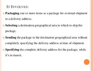 IT INVOLVES:
 Packaging one or more items as a package for eventual shipment
to a delivery address.
 Selecting a destination geographical area to which to ship the
package.
 Sending the package to the destination geographical area without
completely specifying the delivery address at time of shipment.
 Specifying the complete delivery address for the package, while
it’s in transit.
 