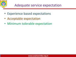 www.sanjivanimba.org.in
Adequate service expectation
• Experience based expectations
• Acceptable expectation
• Minimum tolerable expectation
 