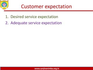 www.sanjivanimba.org.in
Customer expectation
1. Desired service expectation
2. Adequate service expectation
 