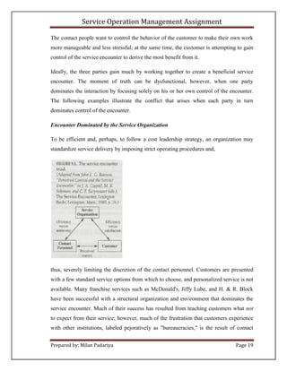 Service Operation Management Assignment

The contact people want to control the behavior of the customer to make their own work
more manageable and less stressful; at the same time, the customer is attempting to gain
control of the service encounter to derive the most benefit from it.

Ideally, the three parties gain much by working together to create a beneficial service
encounter. The moment of truth can be dysfunctional, however, when one party
dominates the interaction by focusing solely on his or her own control of the encounter.
The following examples illustrate the conflict that arises when each party in turn
dominates control of the encounter.

Encounter Dominated by the Service Organization

To be efficient and, perhaps, to follow a cost leadership strategy, an organization may
standardize service delivery by imposing strict operating procedures and,




thus, severely limiting the discretion of the contact personnel. Customers are presented
with a few standard service options from which to choose, and personalized service is not
available. Many franchise services such as McDonald's, Jiffy Lube, and H. & R. Block
have been successful with a structural organization and environment that dominates the
service encounter. Much of their success has resulted from teaching customers what not
to expect from their service; however, much of the frustration that customers experience
with other institutions, labeled pejoratively as "bureaucracies," is the result of contact


Prepared by: Milan Padariya                                                       Page 19
 