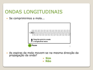 ONDAS LONGITUDINAIS
 Se comprimirmos a mola...
 As espiras da mola movem-se na mesma direcção da
propagação da onda?
 Sim
 Não
 