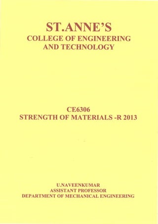 SOM STRENGTH OF MATERIALS LECTURE NOTES | PDF