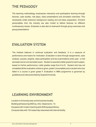 THE PEDAGOGY
The teaching methodology emphasizes interactive and participative learning through
lectures, case studies, role plays, class presentations and simulation exercises. This
necessarily entail extensive background reading and pre-class preparation. Eminent
personalities from the industry are also invited to deliver lectures on different
contemporary issues. Emphasis is also laid on teamwork through group exercises and
group presentations.




EVALUATION SYSTEM

The Institute believes in continual evaluation and feedback. It is a measure of
performance and means for motivation. Evaluation is done through assignments, case
analysis, quizzes, projects, class participation and two examinations every year - a mid
semester and an end semester exam. Student is awarded a letter grade for each subject,
based on his/her performance. Letter grades range from A to D. Student who has not
completed all the evaluation criteria is given, grade I (incomplete) and a student who has
failed in a course is given grade F. Evaluation in MBA programme is governed by
guidelines and rules prescribed by Gujarat University.




LEARNING ENVIRONMENT
Location in University area–prime business locality.
Building admeasuring 5500 sq. mtrs. Classrooms - 14.
Equipped with modern teaching aids Well equipped library.
Computer labs with 135 nodes fully networked with internet facility.




Som-Lalit Institute of Business Management                             11
 