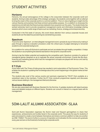 STUDENT ACTIVITIES

Horizons
Horizons, the annual extravaganza of the college is the conjunction between the corporate world and
students. Aiming to take advantage of the strategic synergies, the students come together with an attempt
to bring the cream of the corporate world on a common platform. This is in view of getting an insight into the
various theories and practices that these eminent personalities possess. It is a platform to showcase the
experience and skill sets that these business stalwarts have acquired over the years. The student body has
worked extremely hard to provide exceptional management events and informative knowledge sharing
sessions which cover a wide range of topics such as marketing, finance, strategy and entrepreneurship.

Conducted in the first week of January, this event draws attention from various corporate houses and
students all over the state thus proclaiming its overwhelming success.


Spectrum
True to its name ‘Spectrum’, an intercollegiate management event, spreads its rays of vibrance by making it
pass through a rigorous evaluation procedure under the critical eyes of judges belonging to renowned
academic and corporate background.

It is a platform for various B-Schools to participate and win accolades through healthy competition. It helps
the students in accomplishing the desired standards in the dynamic corporate world.

Aiming to tap the hidden potential and awakening the competitive spirit, Spectrum consists of a series of
managerial games designed so as to replicate the actual corporate environment. Events like Biz-Quiz,
financial and marketing games which test the management concepts are played with fervour and zeal by
reputed B-Schools.


E T Club
A joint effort with The Times of India group has resulted in joint subscription of The Economic Times. This
enables the students in updating their knowledge about the current happenings in the global market at their
door step.

The students also avail of the various events and seminars organized by TOI-ET Club available at a
subsidized rates to the members. Further the ET Club conducts programmes regularly and discusses
various issues relating to the management field and otherwise.


Business Standard
We are also associated with Business Standard for the first time. It updates students with latest business
news and detailed analysis on different topics. Students can consult or interact on a regular basis with its
management.




SOM-LALIT ALUMNI ASSOCIATION -SLAA
Som-Lalit Alumni Association organizes the Alumni meet and frequent get-togethers to share their
experiences, achievements and hurdles faced in the corporate world. This paves the way for students of
past and present to create a bond between themselves and share a common platform to help one another
as ONE FAMILY. The alumni further is a source of inspiration and motivation for the novices who graduate
every year and are on the threshold of entering the corporate world.




 Som-Lalit Institute of Management Studies                                              22
 