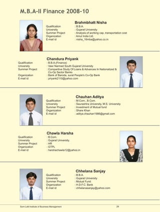 M.B.A-II Finance 2008-10
                                                  Brahmbhatt Nisha
                           Qualification          : B.B.A.
                           University             : Gujarat University
                           Summer Project         : Analysis of working cap, transportation cost
                           Organization           : Amul India Ltd.
                           E-mail id              : nisha_16mba@yahoo.co.in




                            Chandura Priyank
Qualification               : B.B.A.(Finance)
University                  : Veer Narmad South Gujarat University
Summer Project              : Comparitive Study Of Loans & Advances In Nationalized &
                              Co-Op Sector Banks
Organization                : Bank of Baroda, surat People's Co-Op Bank
E-mail id                   : priyank2110@yahoo.com




                                                   Chauhan Aditya
                           Qualification          : M.Com., B.Com.
                           University             : Saurashtra University, M.S. University
                           Summer Project         : Investment of Mutual fund
                           Organization           : Share Khan
                           E-mail id              : aditya.chauhan1986@gmail.com




                            Chawla Harsha
Qualification               : B.Com.
University                  : Gujarat University.
Summer Project              : HR
Organization                : GTPL
E-mail id                   : harshachawla12@yahoo.in




                                                   Chhelana Sanjay
                           Qualification          : B.B.A.
                           University             : Gujarat University
                           Summer Project         : Mutual Fund
                           Organization           : H.D.F.C. Bank
                           E-mail id              : chhelanasanjay@yahoo.com




 Som-Lalit Institute of Business Management                                           29
 