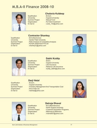 M.B.A-II Finance 2008-10
                                                   Cholavia Kuldeep
                           Qualification           : B.Com.
                           University              : Gujarat University
                           Summer Project          : Mutual Fund
                           Organization            : NJ India Investment
                           E-mail id               : cools_143@yahoo.com




                            Contractor Shankey
Qualification               : B.E.(Electronics)
University                  : Sardar Patel University
Summer Project              : Ratio Analysis & Competitive Analysis
Organization                : Konark plastomech Pvt Ltd
E-mail id                   : shankeyrc@yahoo.com




                                                    Dabhi Kuldip
                           Qualification           : B.B.A.
                           University              : Gujarat University
                           Summer Project          : Life Insurance
                           Organization            : Reliance Life Insurance
                           E-mail id               : kuldip_dabhi@yahoo.com




                            Darji Hetal
Qualification               : B.Com.
University                  : Gujarat University
Summer Project              : Inventory Management And Transportation Cost
Organization                : Amul India Ltd.
E-mail id                   : hetmba@yahoo.com




                                                   Detroja Dhaval
                           Qualification           : B.E.(Mechatronics)
                           University              : North Gujarat University
                           Summer Project          : Customer Acquisition Programs
                           Organization            : Mahindra & Mahindra
                           E-mail id               : imdmd007@yahoo.com




 Som-Lalit Institute of Business Management                                          31
 