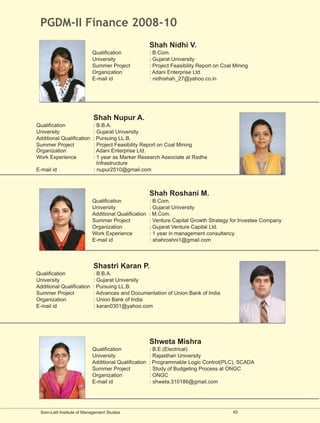PGDM-II Finance 2008-10
                                                      Shah Nidhi V.
                           Qualification              : B.Com.
                           University                 : Gujarat University
                           Summer Project             : Project Feasibility Report on Coal Mining
                           Organization               : Adani Enterprise Ltd.
                           E-mail id                  : nidhishah_27@yahoo.co.in




                            Shah Nupur A.
Qualification              : B.B.A.
University                 : Gujarat University
Additional Qualification   : Pursuing LL.B.
Summer Project             : Project Feasibility Report on Coal Mining
Organization               : Adani Enterprise Ltd.
Work Experience            : 1 year as Marker Research Associate at Radhe
                             Infrastructure
E-mail id                  : nupur2510@gmail.com



                                                      Shah Roshani M.
                           Qualification              : B.Com.
                           University                 : Gujarat University
                           Additional Qualification   : M.Com.
                           Summer Project             : Venture Capital Growth Strategy for Investee Company
                           Organization               : Gujarat Venture Capital Ltd.
                           Work Experience            : 1 year in management consultancy
                           E-mail id                  : shahroshni1@gmail.com




                            Shastri Karan P.
Qualification              : B.B.A.
University                 : Gujarat University
Additional Qualification   : Pursuing LL.B.
Summer Project             : Advances and Documentation of Union Bank of India
Organization               : Union Bank of India
E-mail id                  : karan0301@yahoo.com




                                                      Shweta Mishra
                           Qualification              : B.E.(Electrical)
                           University                 : Rajasthan University
                           Additional Qualification   : Programmable Logic Control(PLC), SCADA
                           Summer Project             : Study of Budgeting Process at ONGC
                           Organization               : ONGC
                           E-mail id                  : shweta.310186@gmail.com




 Som-Lalit Institute of Management Studies                                                40
 