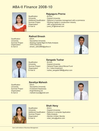 MBA-II Finance 2008-10
                                                      Rajyaguru Prerna
                           Qualification              : B.Com.
                           University                 : Gujarat University
                           Additional Qualification   : Diploma in business management with e-commerce
                           Summer Project             : Working Capital in construction industry
                           Organization               : JMC projects(India) Ltd.
                           E-mail id                  : prers_87@hotmail.com




                            Rathod Dinesh
Qualification               : B.B.A.
University                  : Saurashtra University
Summer Project              : Working Capital Mgmt & Ratio Analysis
Organization                : TATA Chemicals
E-mail id                   : dinesh_rathod860@yahoo.in




                                                      Sangada Tushar
                           Qualification              : B.Com.
                           University                 : Gujarat University
                           Summer Project             : General Project about Mutual Fund
                           Organization               : N.J. India Investment
                           E-mail id                  : tushar_sangada1986@yahoo.com




                            Savaliya Mahesh
Qualification               : B.B.A.
University                  : Saurashtra University
Summer Project              : Investment Awareness
Organization                : Angel Broking Ltd.
E-mail id                   : mahesh.buzz@gmail.com




                                                      Shah Heny
                           Qualification              : B.B.A.
                           University                 : Gujarat University
                           Additional Qualification   : Diploma in computer Application
                           Summer Project             : Ratio Analysis
                           Organization               : Alembic Limited, Baroda
                           E-mail id                  : shah_heny@yahoo.com




 Som-Lalit Institute of Business Management                                               41
 