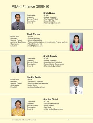 MBA-II Finance 2008-10
                                                  Shah Kunal
                           Qualification          : B.B.A.
                           University             : Gujarat University
                           Summer Project         : The Vessel MV.Tani
                           Organization           : Crown Steel Co.
                           E-mail id              : kachhajed@yahoo.com




                            Shah Rimoni
Qualification              : B.Com.
University                 : Gujarat University
Summer Project             : Working Capital Mgt.
Additional Qualification   : Post graduation diploma in investment & Finance analysis.
Organization               : Adani Enterprise Ltd.
E-mail id                  : rims87@hotmail.com




                                                  Sheth Bhavik
                           Qualification          : B.B.A.
                           University             : Gujarat University
                           Summer Project         : Advertisement Evaluation
                           Organization           : Radiant Media Convergence
                           E-mail id              : bhaviksheth@ymail.com




                            Shukla Pratik
Qualification               : B.B.A.
University                  : Saurashtra University
Summer Project              : Working capital Management
Organization                : Indian Rayon
E-mail id                   : pratikshukla@gmail.com




                                                  Sindhal Shital
                           Qualification          : B.Com.
                           University             : Saurashtra University
                           Summer Project         : Retail Banking
                           Organization           : Axis Bank
                           E-mail id              : shital_sindhal@yahoo.com




 Som-Lalit Institute of Business Management                                          43
 