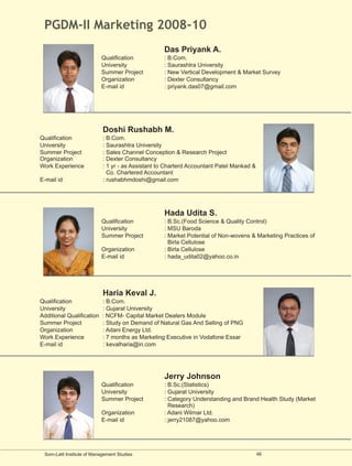 PGDM-II Marketing 2008-10
                                                   Das Priyank A.
                           Qualification           : B.Com.
                           University              : Saurashtra University
                           Summer Project          : New Vertical Development & Market Survey
                           Organization            : Dexter Consultancy
                           E-mail id               : priyank.das07@gmail.com




                            Doshi Rushabh M.
Qualification               : B.Com.
University                  : Saurashtra University
Summer Project              : Sales Channel Conception & Research Project
Organization                : Dexter Consultancy
Work Experience             : 1 yr - as Assistant to Charterd Accountant Patel Mankad &
                              Co. Chartered Accountant
E-mail id                   : rushabhmdoshi@gmail.com




                                                   Hada Udita S.
                           Qualification           : B.Sc.(Food Science & Quality Control)
                           University              : MSU Baroda
                           Summer Project          : Market Potential of Non-wovens & Marketing Practices of
                                                     Birla Cellulose
                           Organization            : Birla Cellulose
                           E-mail id               : hada_udita02@yahoo.co.in




                            Haria Keval J.
Qualification              : B.Com.
University                 : Gujarat University
Additional Qualification   : NCFM- Capital Market Dealers Module
Summer Project             : Study on Demand of Natural Gas And Selling of PNG
Organization               : Adani Energy Ltd.
Work Experience            : 7 months as Marketing Executive in Vodafone Essar
E-mail id                  : kevalharia@in.com




                                                   Jerry Johnson
                           Qualification           : B.Sc.(Statistics)
                           University              : Gujarat University
                           Summer Project          : Category Understanding and Brand Health Study (Market
                                                     Research)
                           Organization            : Adani Wilmar Ltd.
                           E-mail id               : jerry21087@yahoo.com




 Som-Lalit Institute of Management Studies                                                46
 