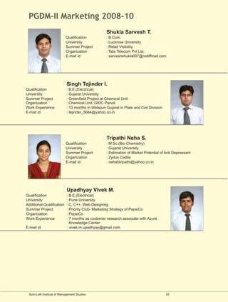 PGDM-II Marketing 2008-10
                                                   Shukla Sarvesh T.
                           Qualification           : B.Com.
                           University              : Lucknow University
                           Summer Project          : Retail Visibility
                           Organization            : Tata Telecom Pvt Ltd.
                           E-mail id               : sarveshshukla007@rediffmail.com




                            Singh Tejinder I.
Qualification               : B.E.(Electrical)
University                  : Gujarat University
Summer Project              : Greenfield Project at Chemical Unit
Organization                : Chemical Unit, GIDC Panoli
Work Experience             : 13 months in Welspun Gujarat in Plate and Coil Division
E-mail id                   : tejinder_5684@yahoo.co.in




                                                   Tripathi Neha S.
                           Qualification           : M.Sc.(Bio-Chemistry)
                           University              : Gujarat University
                           Summer Project          : Estimation of Market Potential of Anti Depressant
                           Organization            : Zydus Cadila
                           E-mail id               : neha5tripathi@yahoo.co.in




                            Upadhyay Vivek M.
Qualification               : B.E.(Electrical)
University                  : Pune University
Additional Qualification    : C, C++, Web Designing
Summer Project              : Priority Club- Marketing Strategy of PepsiCo
Organization                : PepsiCo
Work Experience             : 7 months as customer research associate with Azure
                              Knowledge Center
E-mail id                   : vivek.m.upadhyay@gmail.com




 Som-Lalit Institute of Management Studies                                              52
 
