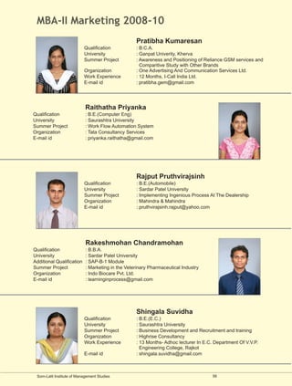 MBA-II Marketing 2008-10
                                                   Pratibha Kumaresan
                           Qualification           : B.C.A.
                           University              : Ganpat Univerity, Kherva
                           Summer Project          : Awareness and Positioning of Reliance GSM services and
                                                     Comparitive Study with Other Brands
                           Organization            : One Advertising And Communication Services Ltd.
                           Work Experience         : 12 Months, I-Call India Ltd.
                           E-mail id               : pratibha.gem@gmail.com




                            Raithatha Priyanka
Qualification               : B.E.(Computer Eng)
University                  : Saurashtra University
Summer Project              : Work Flow Automation System
Organization                : Tata Consultancy Services
E-mail id                   : priyanka.raithatha@gmail.com




                                                   Rajput Pruthvirajsinh
                           Qualification           : B.E.(Automobile)
                           University              : Sardar Patel University
                           Summer Project          : Implementing Ingenious Process At The Dealership
                           Organization            : Mahindra & Mahindra
                           E-mail id               : pruthvirajsinh.rajput@yahoo.com




                            Rakeshmohan Chandramohan
Qualification               : B.B.A.
University                  : Sardar Patel University
Additional Qualification    : SAP-B-1 Module
Summer Project              : Marketing in the Veterinary Pharmaceutical Industry
Organization                : Indo Biocare Pvt. Ltd.
E-mail id                   : learninginprocess@gmail.com




                                                   Shingala Suvidha
                           Qualification           : B.E.(E.C.)
                           University              : Saurashtra University
                           Summer Project          : Business Development and Recruitment and training
                           Organization            : Highrise Consultancy
                           Work Experience         : 13 Months- Adhoc lecturer In E.C. Department Of V.V.P.
                                                     Engineering College, Rajkot
                           E-mail id               : shingala.suvidha@gmail.com



 Som-Lalit Institute of Management Studies                                            56
 