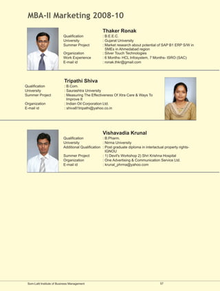 MBA-II Marketing 2008-10
                                                    Thaker Ronak
                           Qualification            : B.E.E.C.
                           University               : Gujarat University
                           Summer Project           : Market research about potential of SAP B1 ERP S/W in
                                                      SMEs in Ahmedabad region
                           Organization             : Silver Touch Technologies
                           Work Experience          : 6 Months- HCL Infosystem, 7 Months- ISRO (SAC)
                           E-mail id                : ronak.thkr@gmail.com




                            Tripathi Shiva
Qualification               : B.Com.
University                  : Saurashtra University
Summer Project              : Measuring The Effectiveness Of Xtra Care & Ways To
                              Improve It
Organization                : Indian Oil Corporation Ltd.
E-mail id                   : shiva81tripathi@yahoo.co.in




                                                    Vishavadia Krunal
                           Qualification            : B.Pharm.
                           University               : Nirma University
                           Additional Qualification : Post graduate diploma in interlactual property rights-
                                                      IGNOU
                           Summer Project           : 1) Devil's Workshop 2) Shri Krishna Hospital
                           Organization             : One Advertising & Communication Service Ltd.
                           E-mail id                : krunal_phrma@yahoo.com




 Som-Lalit Institute of Business Management                                              57
 