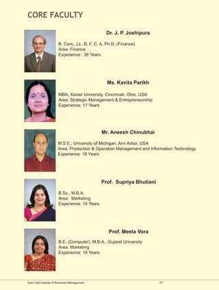 CORE FACULTY

                                               Dr. J. P. Joshipura

                      B. Com., LL. B, F. C. A, Ph.D. (Finance)
                      Area: Finance
                      Experience: 36 Years




                                               Ms. Kavita Parikh

                      MBA, Xavier University, Cincinnati, Ohio, USA
                      Area: Strategic Management & Entrepreneurship
                      Experience: 17 Years




                                             Mr. Aneesh Chinubhai

                      M.S.E., University of Michigan, Ann Arbor, USA
                      Area: Production & Operation Management and Information Technology
                      Experience: 18 Years




                                             Prof. Supriya Bhutiani

                      B.Sc., M.B.A.
                      Area: Marketing
                      Experience: 16 Years




                                                Prof. Meeta Vora
                      B.E. (Computer), M.B.A., Gujarat University
                      Area: Marketing
                      Experience: 16 Years




Som-Lalit Institute of Business Management                            07
 