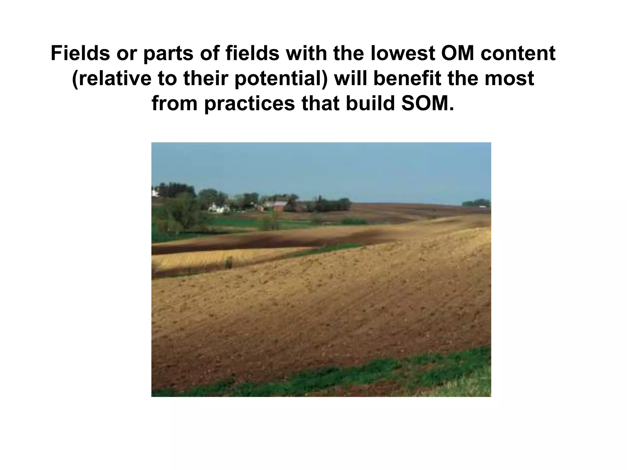 Fields or parts of fields with the lowest OM content
(relative to their potential) will benefit the most
from practices that build SOM.
 