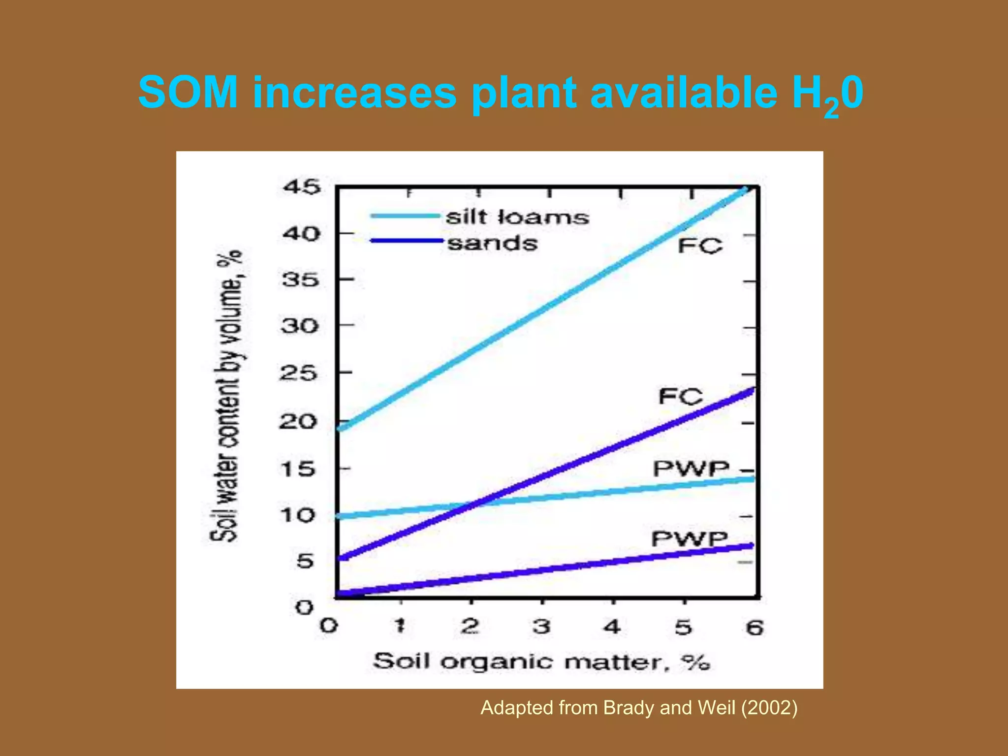 SOM increases plant available H20
Adapted from Brady and Weil (2002)
 