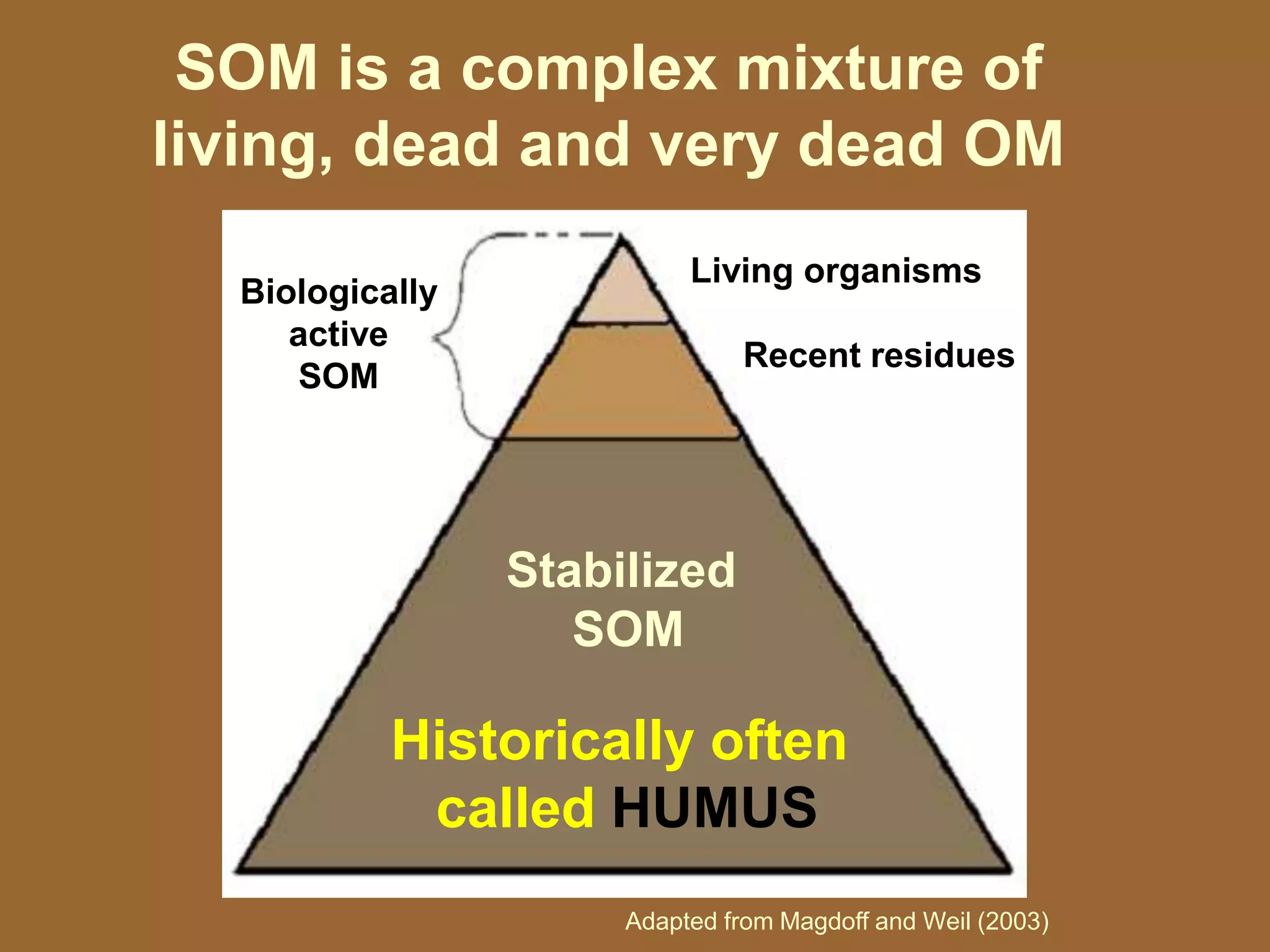 Biologically
active
SOM
SOM is a complex mixture of
living, dead and very dead OM
Living organisms
Recent residues
Stabilized
SOM
Adapted from Magdoff and Weil (2003)
Historically often
called HUMUS
 