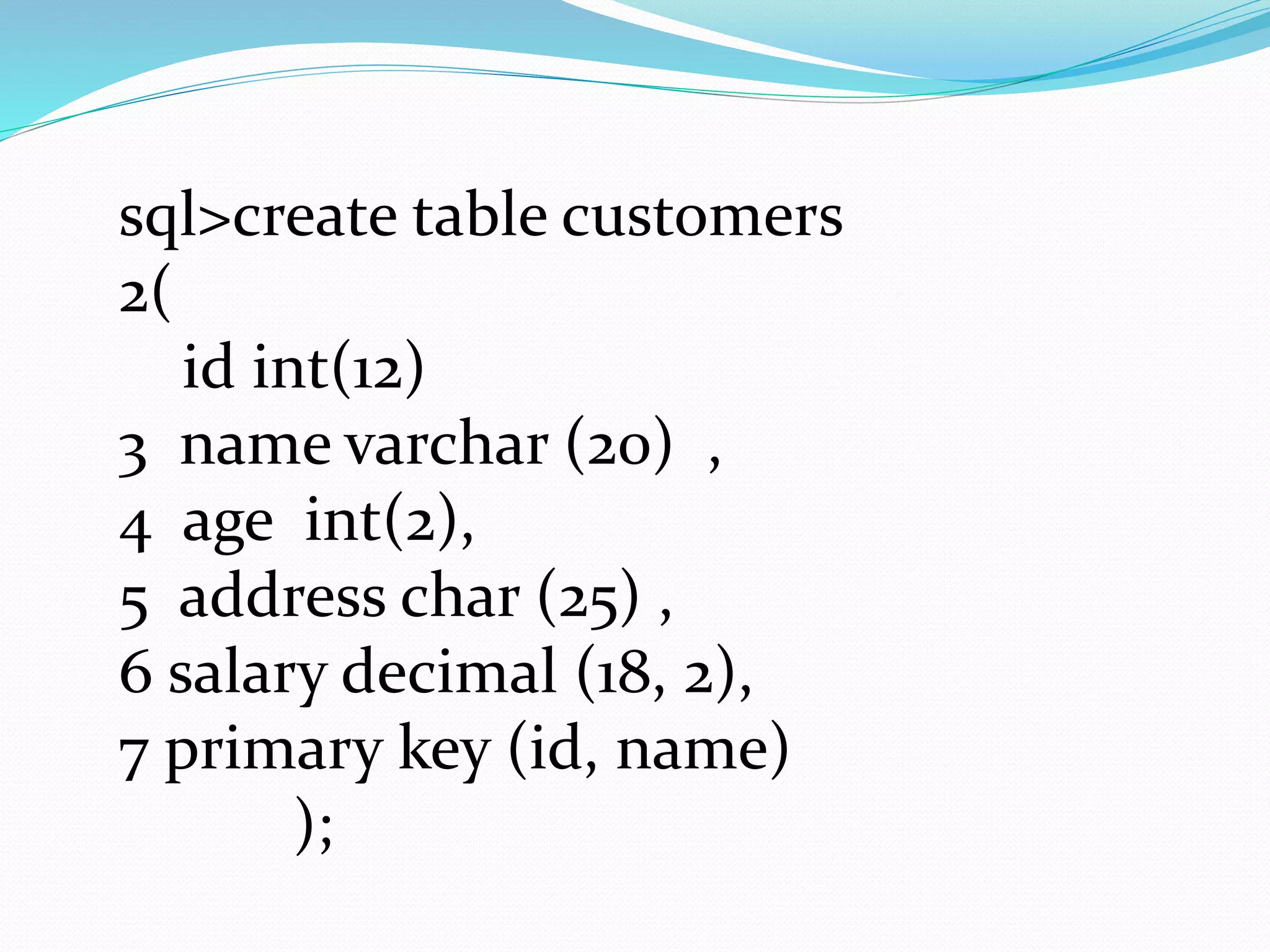 sql>create table customers
2(
id int(12)
3 name varchar (20) ,
4 age int(2),
5 address char (25) ,
6 salary decimal (18, 2),
7 primary key (id, name)
);
 