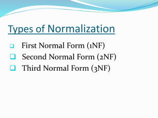 Types of Normalization
 First Normal Form (1NF)
 Second Normal Form (2NF)
 Third Normal Form (3NF)
 