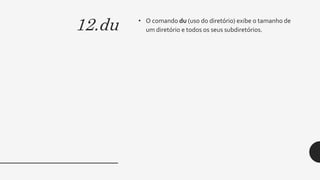 12.du • O comando du (uso do diretório) exibe o tamanho de
um diretório e todos os seus subdiretórios.
 