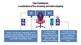 Live Commerce
Taobao Live, the live-streaming unit of e-
commerce giant Alibaba, recorded sales of
$6 billion during the Singles Day shopping
event held in November 2020.
Coresight Research
forecasts that by 2023,
U.S. e-commerce
livestreaming will
generate $25 billion in
sales.
A Tommy Hilfiger
livestream show in
summer 2020 attracted
14 million viewers and
sold out of 1,300
hoodies in two minutes
$$ $$
a combination of live streaming and online shopping
 
