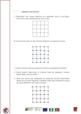 : Somar 1+2+3+4+5


1. Desenhem nos vossos cadernos um quadrado como o da figura.
   (5cm×5cm, com quadrículas de 1cm×1cm).




2. Em cima de cada um dos vértices coloquem um pequeno círculo.




3. Qual o número total de pequenos círculos que acabaram de fazer?

4. Como podem determinar o número total de pequenos círculos
   desenhados, sem os contar?

5. Pedir aos alunos que destaquem os pequenos círculos desenhados
   abaixo de uma das diagonais e também sobre elaa vermelho ou outra
   cor para diferenciar dos outros círculos.




                                                                       2
 