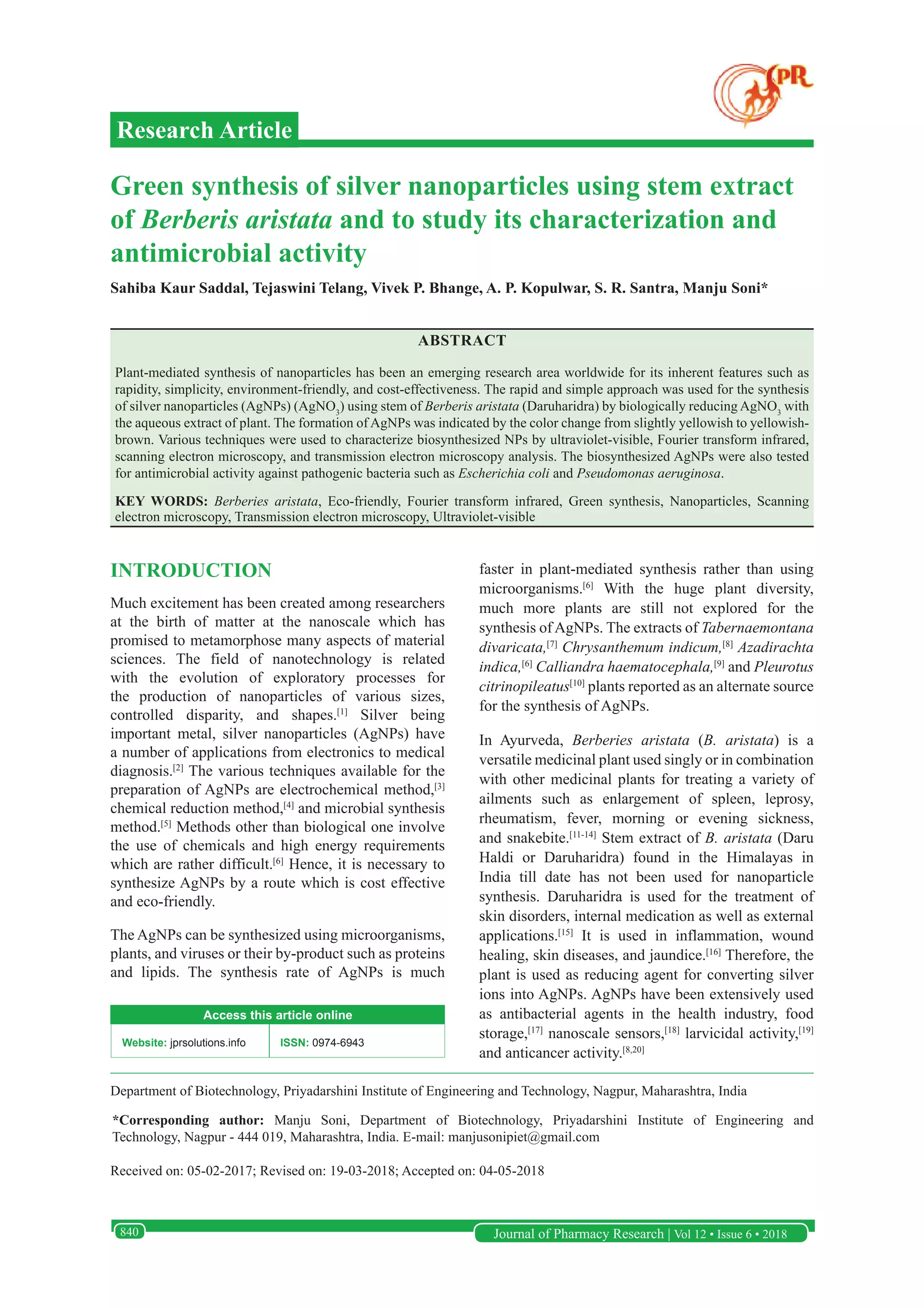 Green synthesis of silver nanoparticles using stem extract of Berberis ...