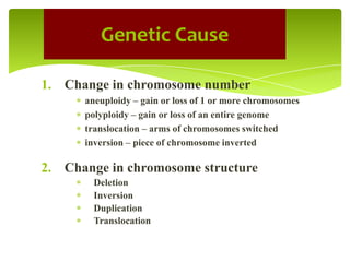 1. Change in chromosome number
aneuploidy – gain or loss of 1 or more chromosomes
polyploidy – gain or loss of an entire genome
translocation – arms of chromosomes switched
inversion – piece of chromosome inverted
2. Change in chromosome structure
Deletion
Inversion
Duplication
Translocation
Genetic Cause
 