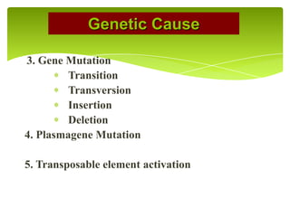 3. Gene Mutation
Transition
Transversion
Insertion
Deletion
4. Plasmagene Mutation
5. Transposable element activation
Genetic Cause
 